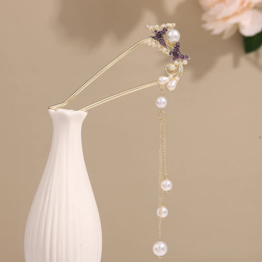 Muxin U - shaped hairpin 3 with bamboo element, light brown background with white vase and flowers