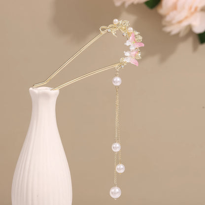 Muxin U - shaped hairpin 4 with pearl and flower, light brown background with white vase and flowers