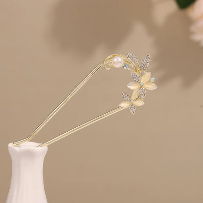 Muxin U - shaped hairpin 6 with pearl and bamboo, light brown background with white vase and flowers
