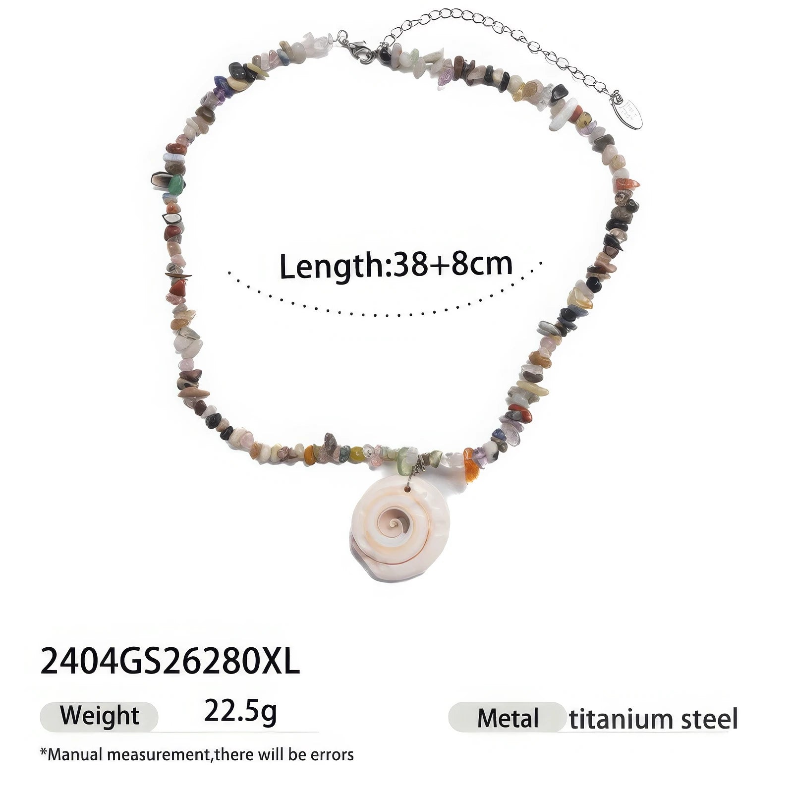 Natural shell beaded pendant necklace isolated with length info, 38 + 8cm, titanium steel
