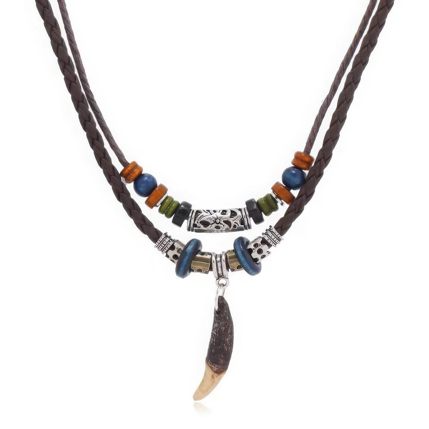 New Chinese ethnic style braided pendant necklace, isolated on white background, featuring colorful beads and a tusk - like pendant