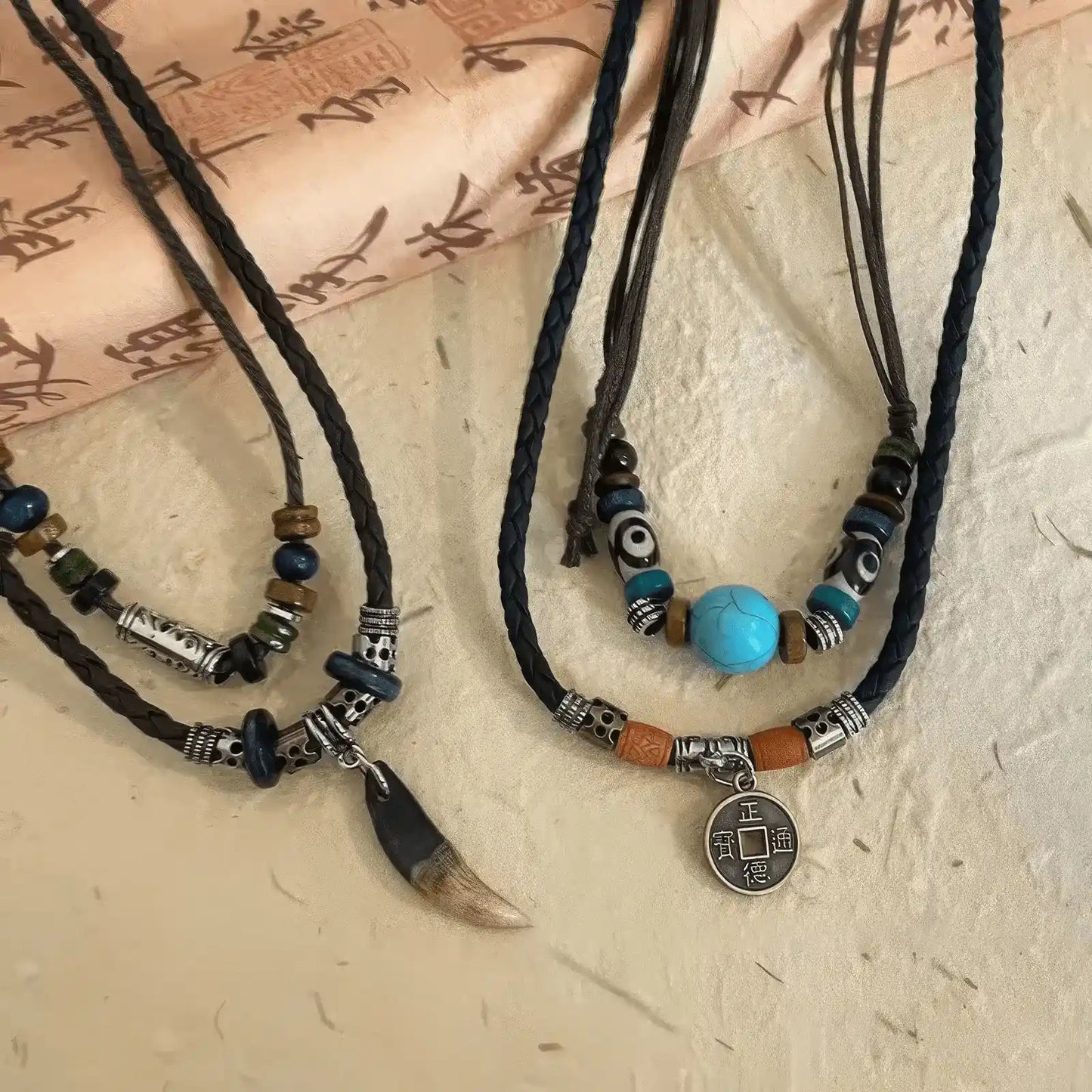 New Chinese ethnic style braided pendant necklaces, isolated, showcasing diverse bead designs and pendants