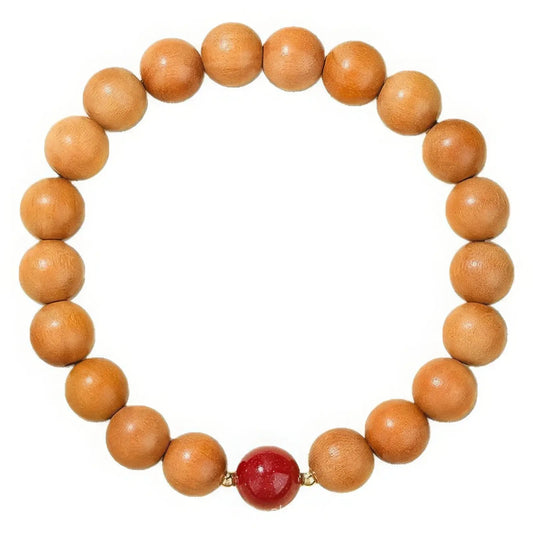 Single - circle old peach wood bracelet, 6mm beads, with red accent bead, showcasing natural texture