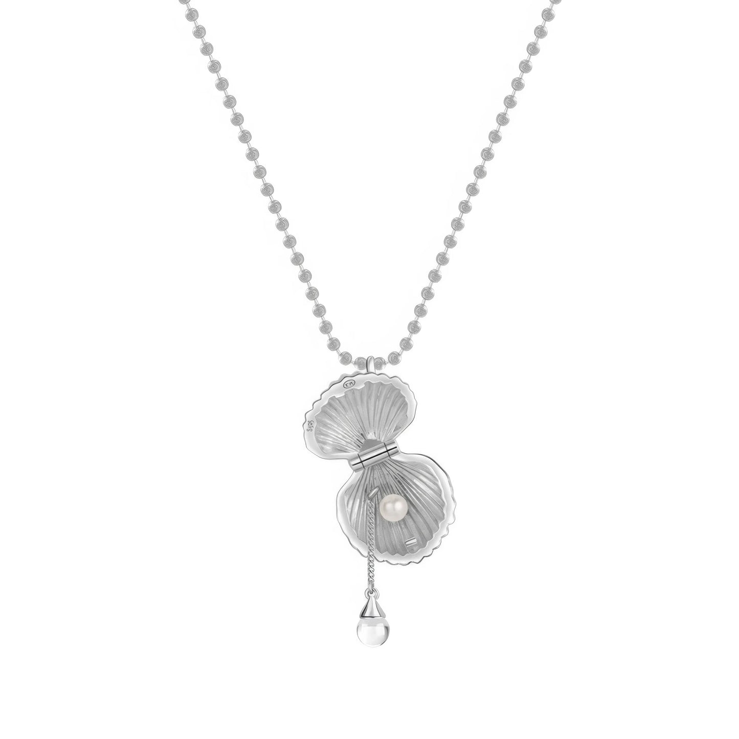 Silver pearl shell pendant necklace, isolated on white background