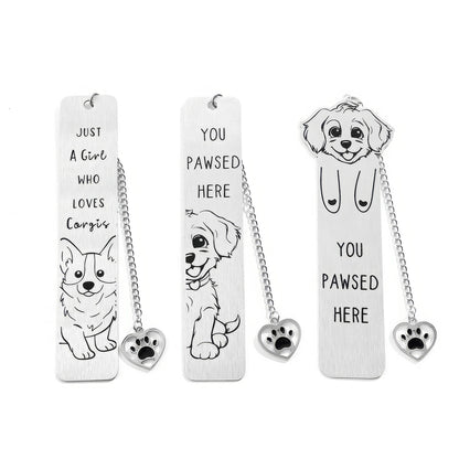 Set of pet dog bookmarks with charms, isolated on white background, showing different designs and specs