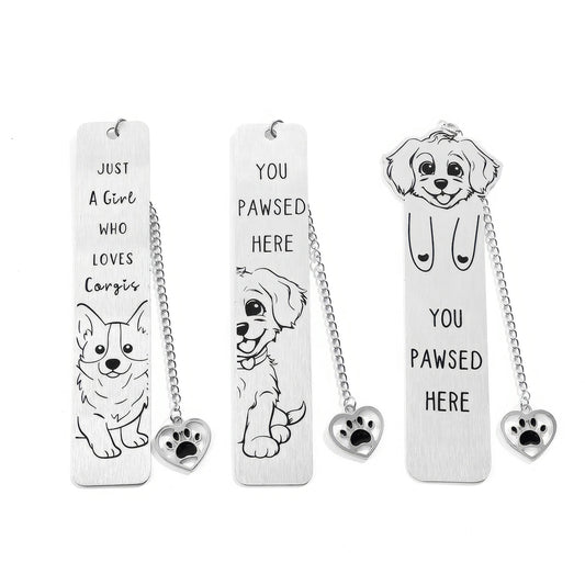 Set of pet dog bookmarks with charms, isolated on white background, showing different designs and specs