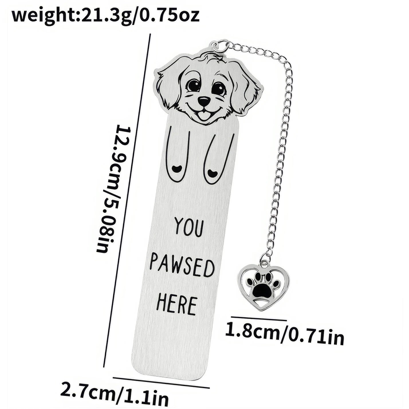 Single pet dog bookmark with charm, isolated on white background, showing design and specs