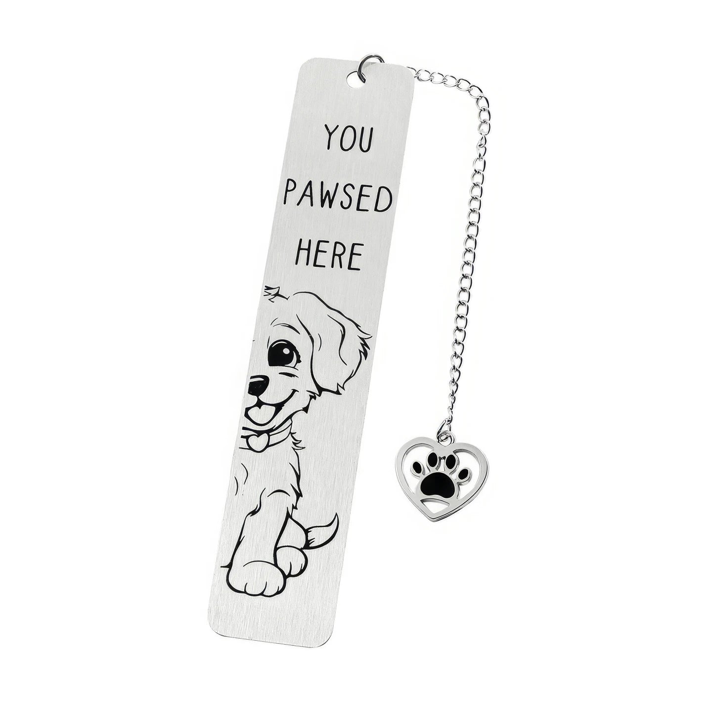 Single pet dog bookmark with charm, isolated on white background, showing design and specs