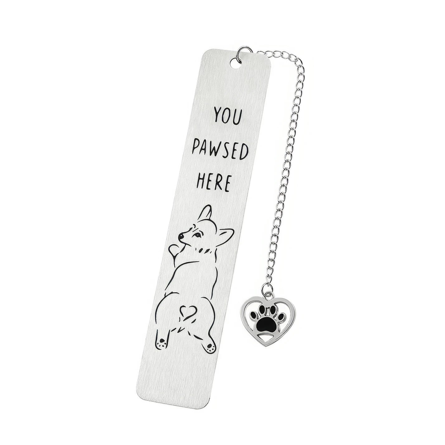 Single pet dog bookmark with charm, isolated on white background, showing design and specs
