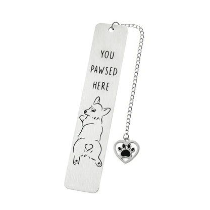 Single pet dog bookmark with charm, isolated on white background, showing design and specs
