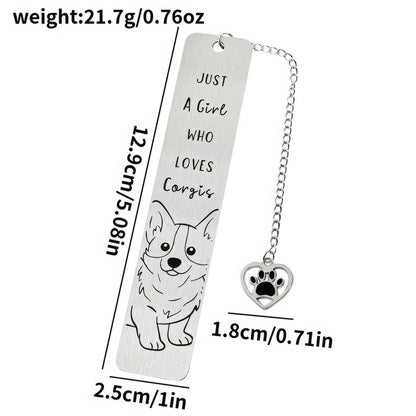 Single pet dog bookmark with charm, isolated on white background, showing design and specs
