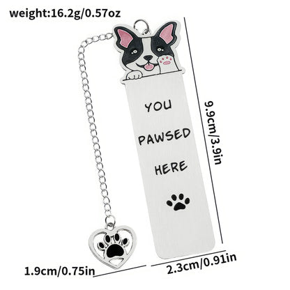 Single pet dog bookmark with charm, isolated on white background, showing design and specs