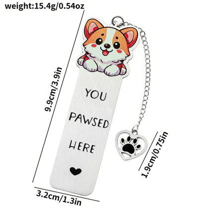 Single pet dog bookmark with charm, isolated on white background, showing design and specs