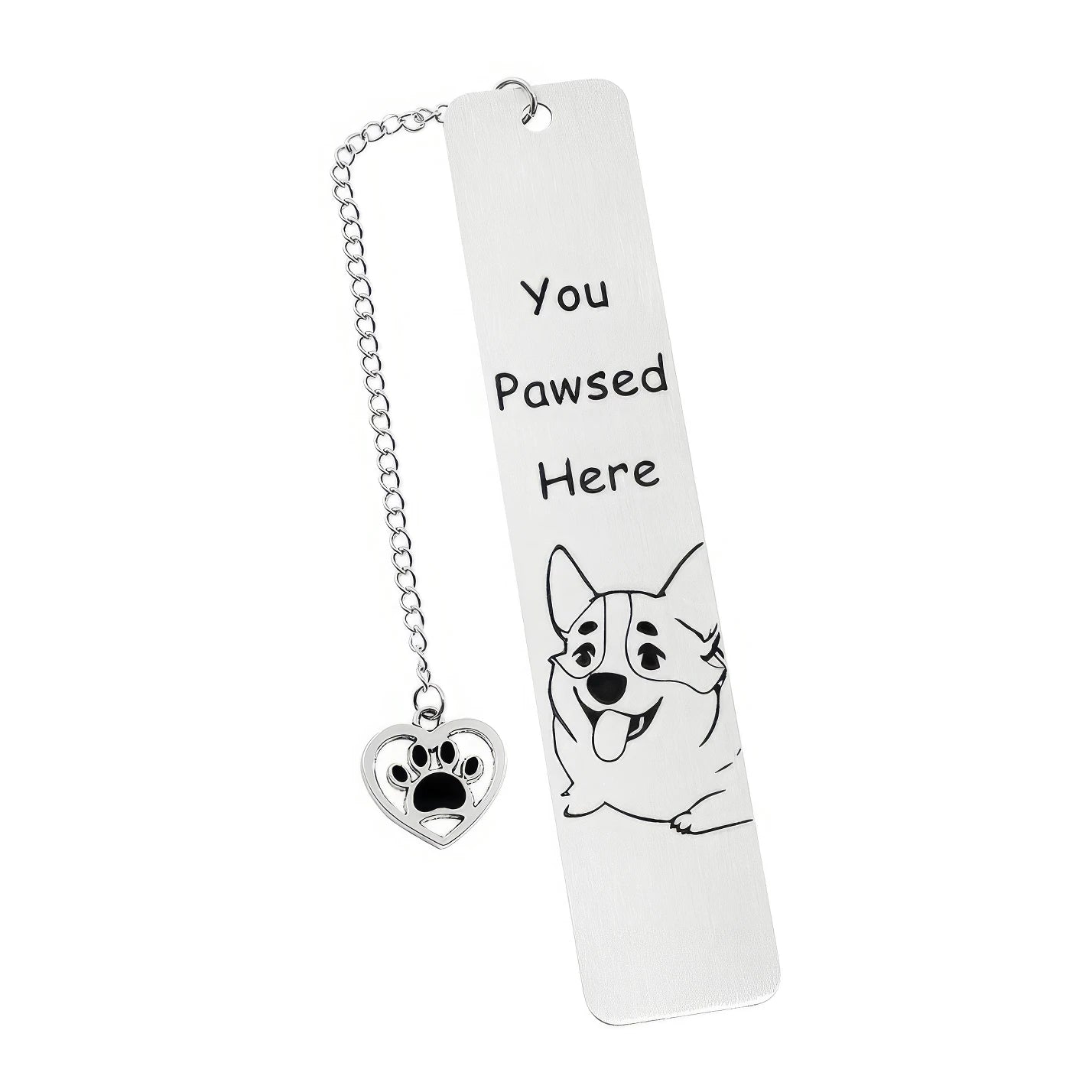 Single pet dog bookmark with charm, isolated on white background, showing design and specs