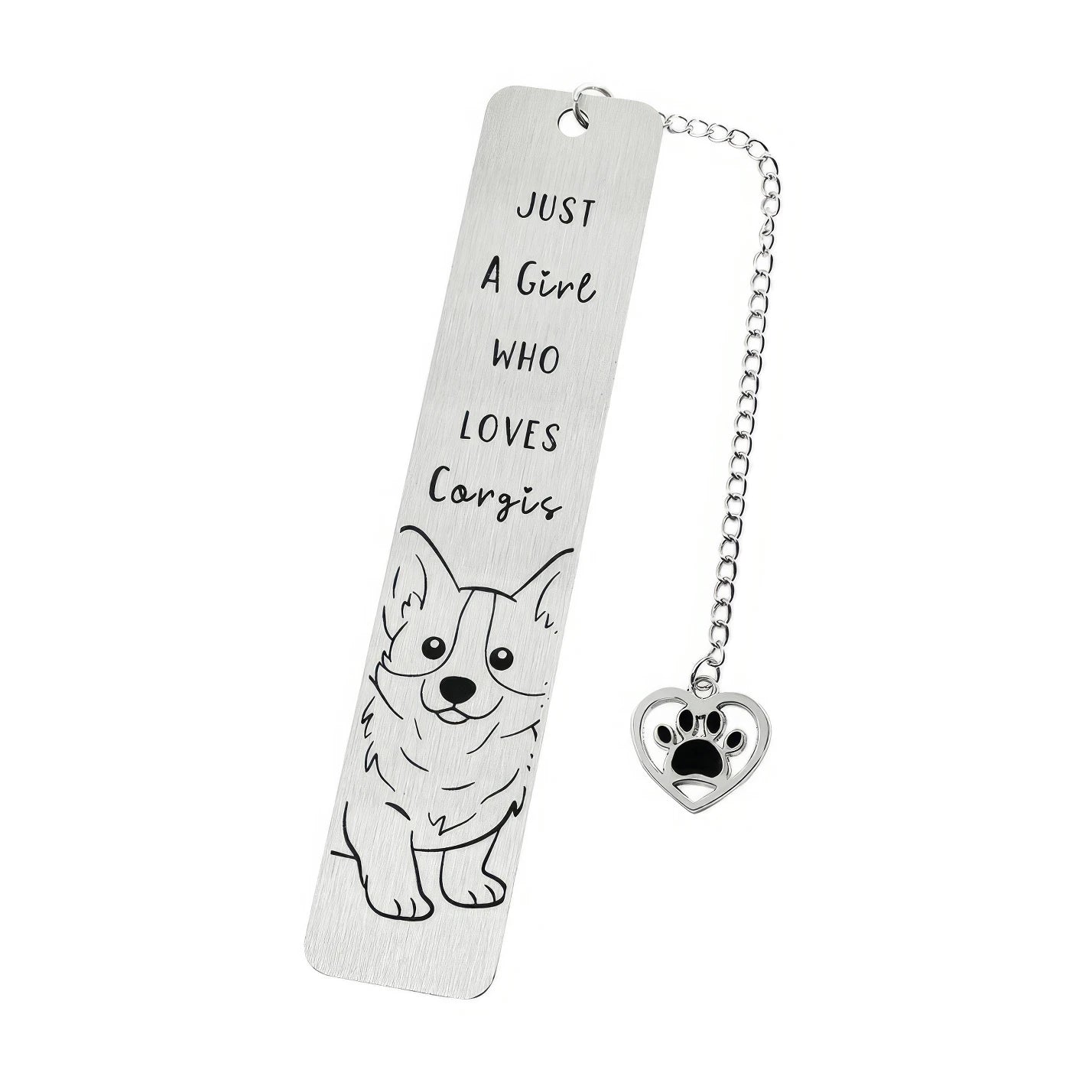 Single pet dog bookmark with charm, isolated on white background, showing design and specs
