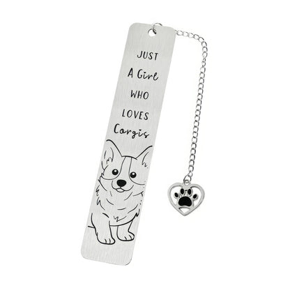 Single pet dog bookmark with charm, isolated on white background, showing design and specs
