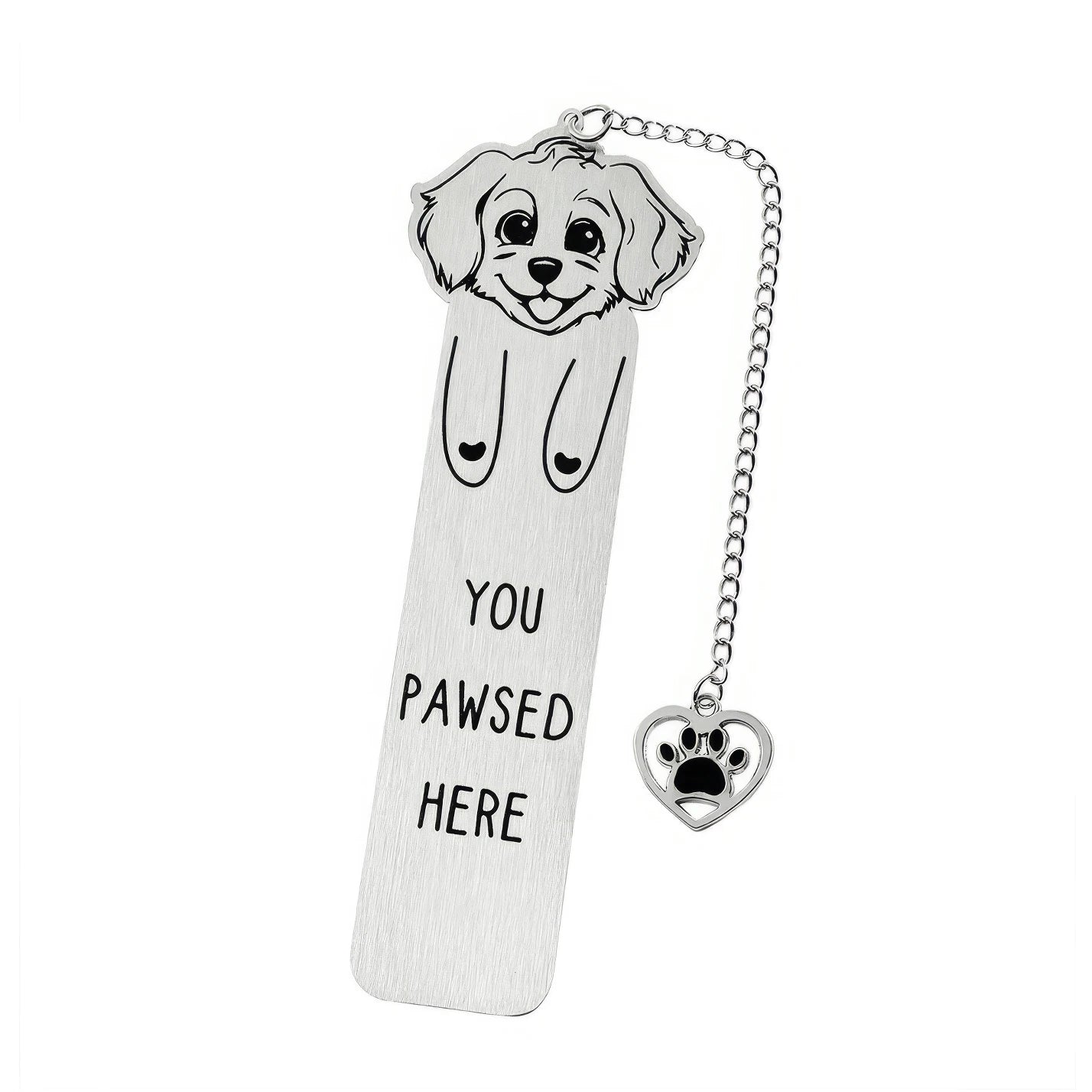 Single pet dog bookmark with charm, isolated on white background, showing design and specs