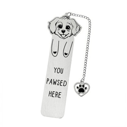 Single pet dog bookmark with charm, isolated on white background, showing design and specs