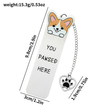 Single pet dog bookmark with charm, isolated on white background, showing design and specs
