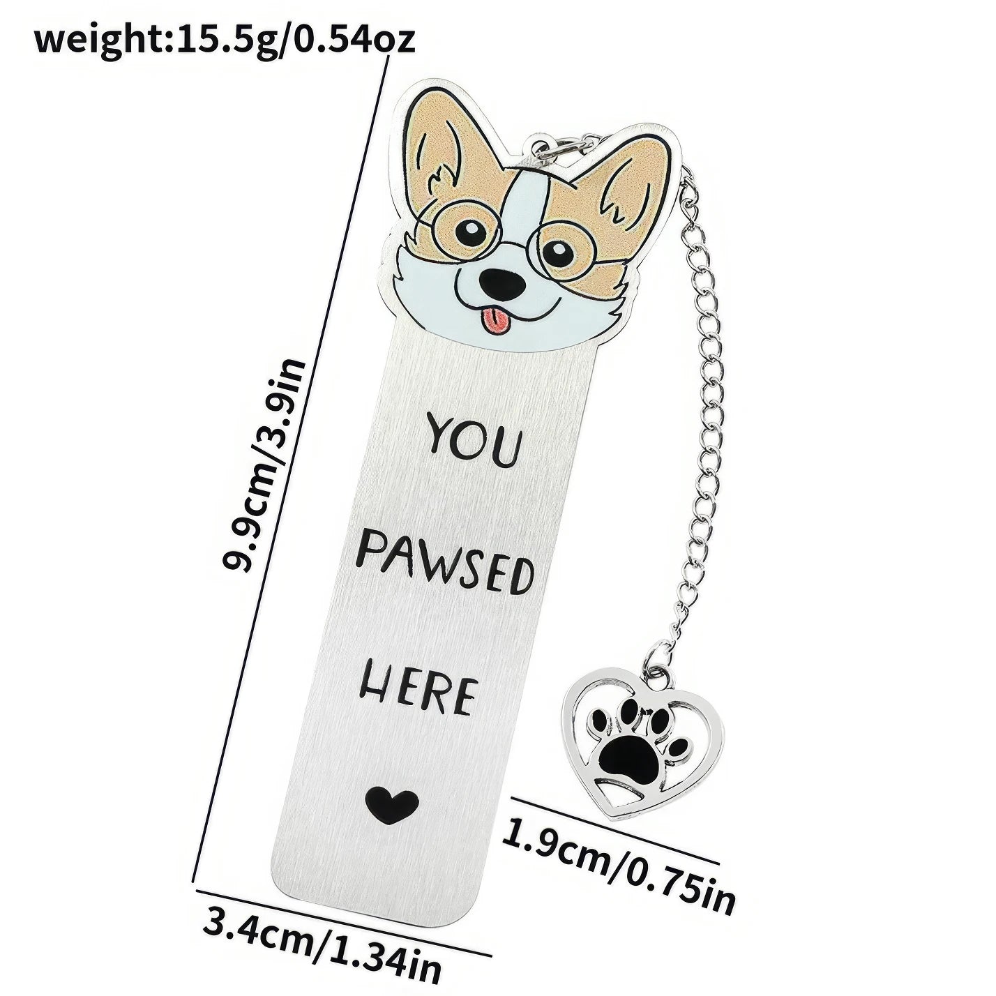 Single pet dog bookmark with charm, isolated on white background, showing design and specs
