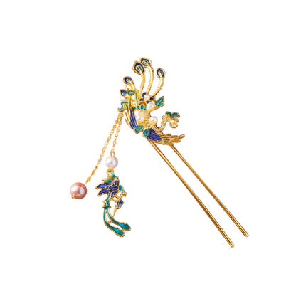 A golden phoenix travel hairpin with pearls and colored decorations, front view on a simple white background