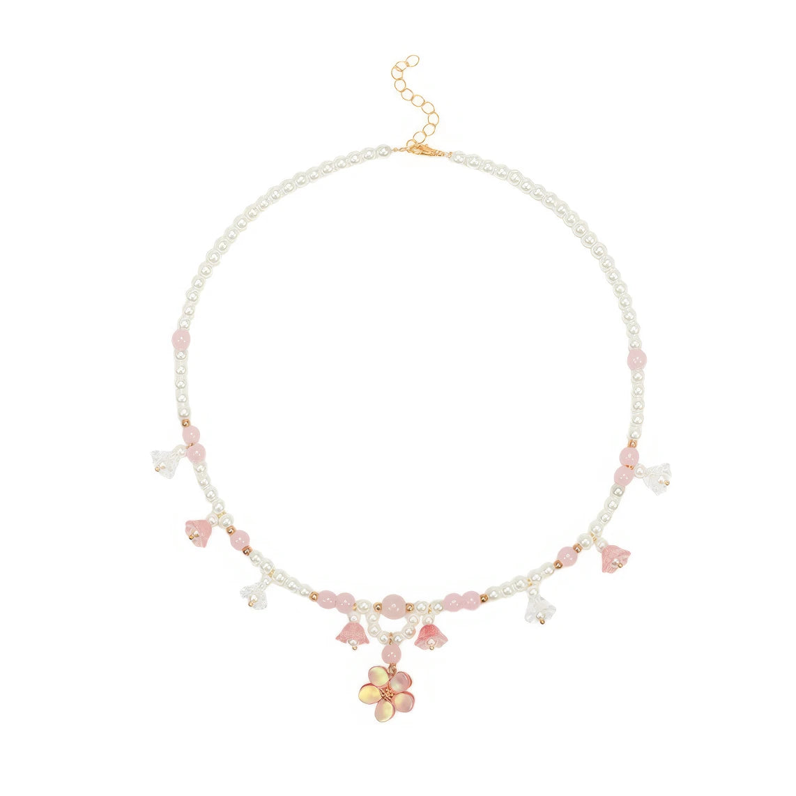 Pink lily - of - valley necklace with pearls and pink beads, isolated on white background