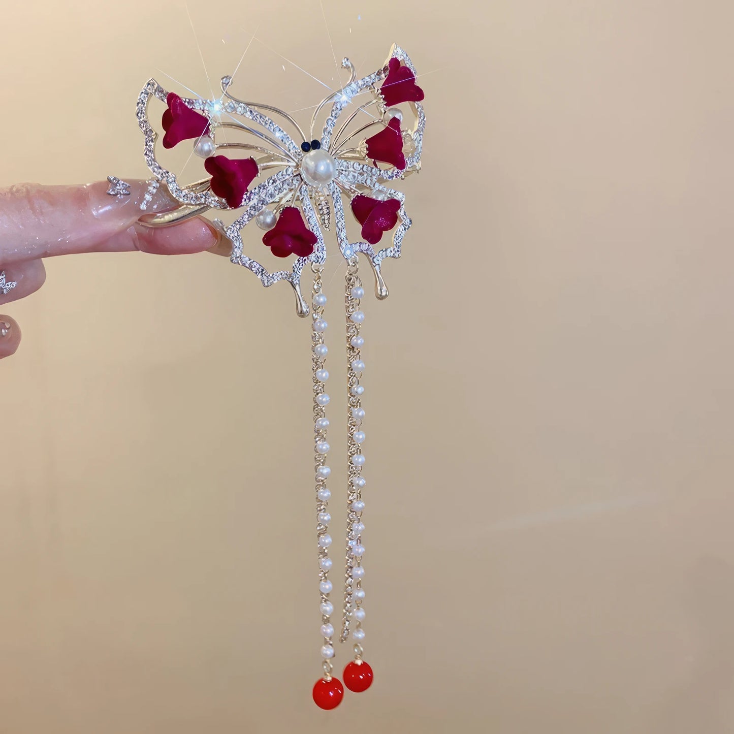Red flower pearl tassel butterfly hair clip