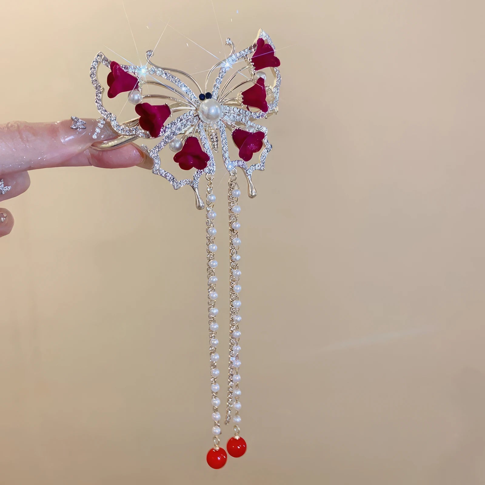 Red flower pearl tassel butterfly hair clip