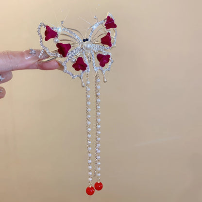 Red flower pearl tassel butterfly hair clip