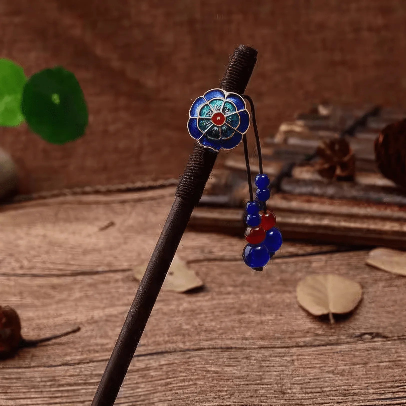 Relief cherry blossom hairpin 2, blue enamel decor, blue beads, wooden background