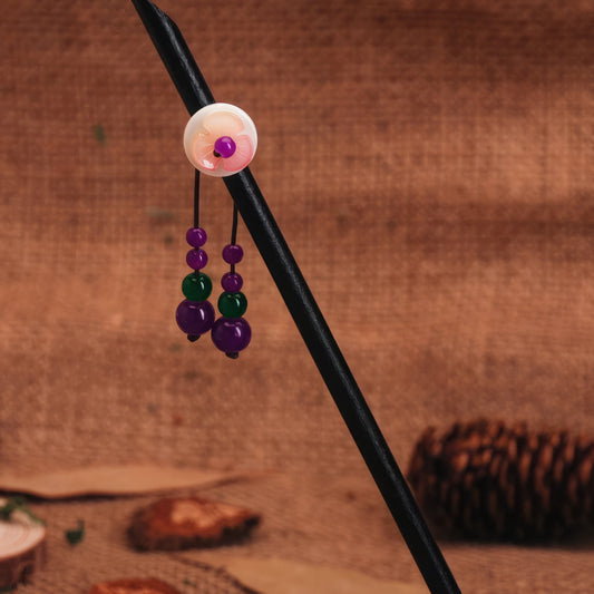 Relief cherry blossom hairpin 5, white disc, purple beads, burlap background