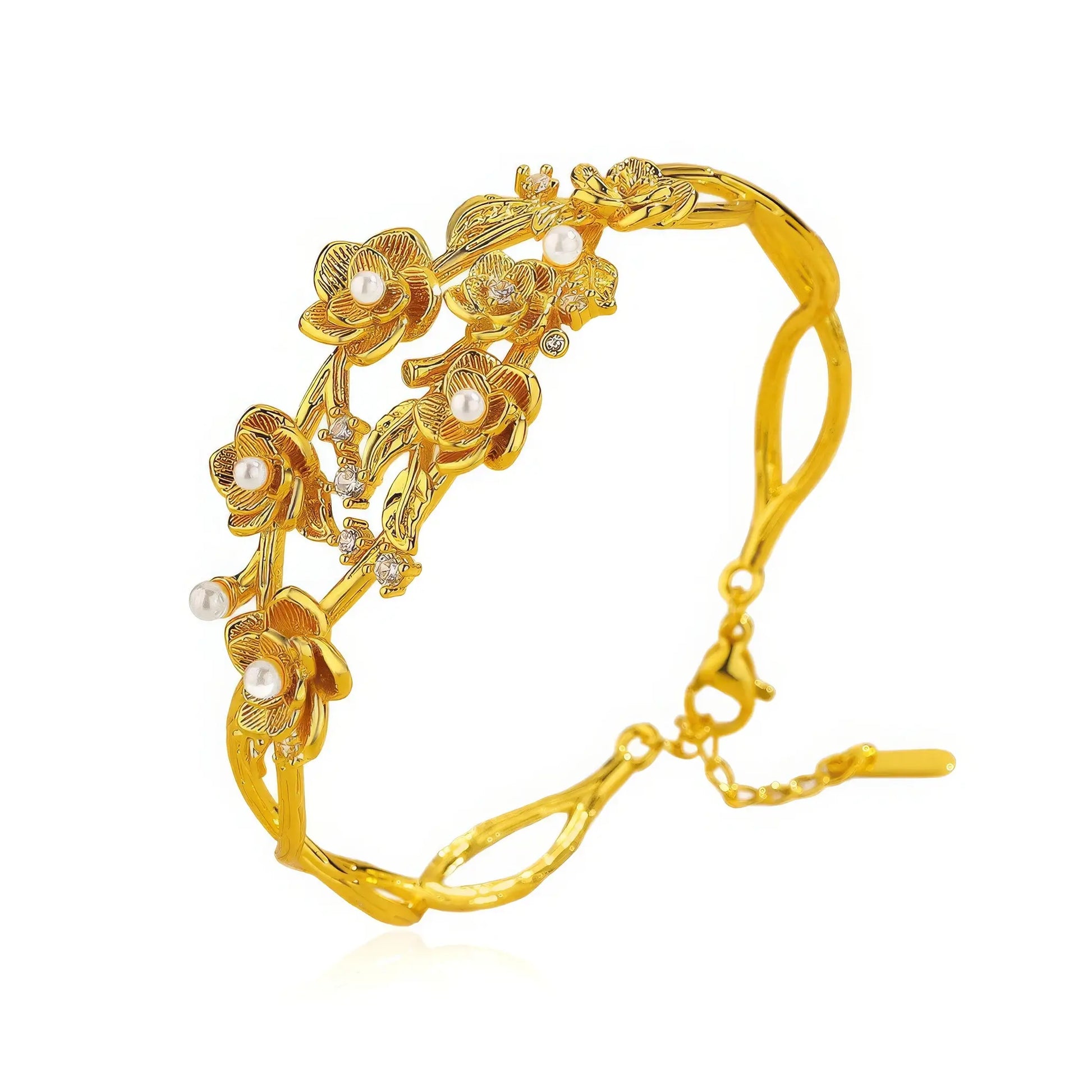 Gold rose pearl bracelet isolated on white background, clear details