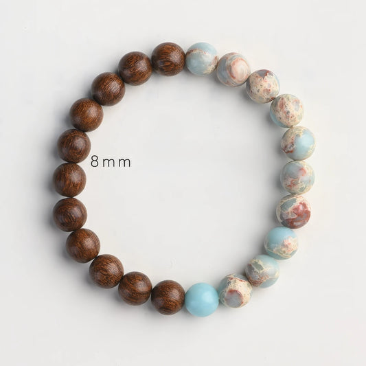 Shoushan stone and sandalwood bracelet, brown and blue beads, 8mm size, isolated on white