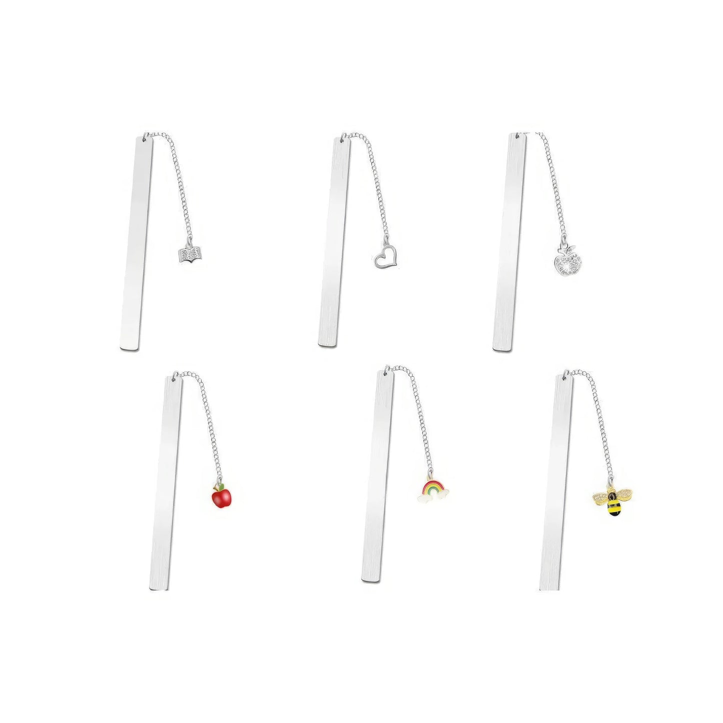 Set of stainless steel metal bookmarks with fruit charms, isolated on white
