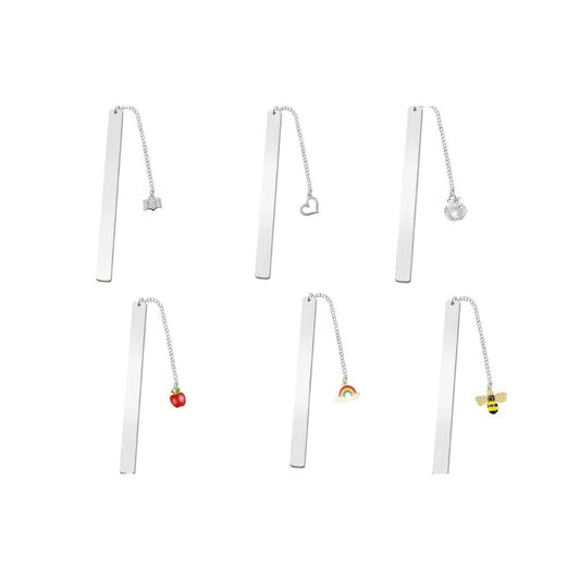 Set of stainless steel metal bookmarks with fruit charms, isolated on white