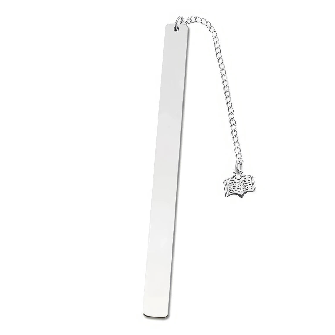 Single stainless steel metal bookmark with small charm, isolated on white