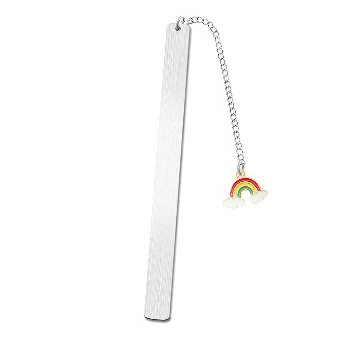 Single stainless steel metal bookmark with rainbow charm, isolated on white