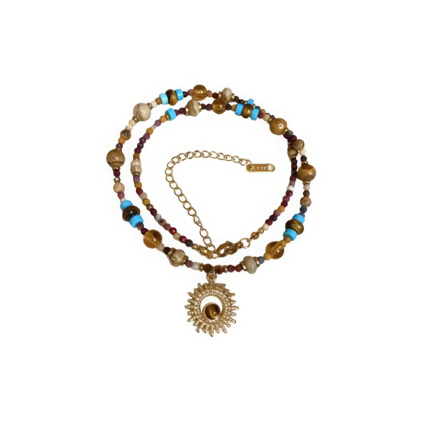 Sunflower beaded necklace, multi - color stones, gold - tone pendant, isolated on white