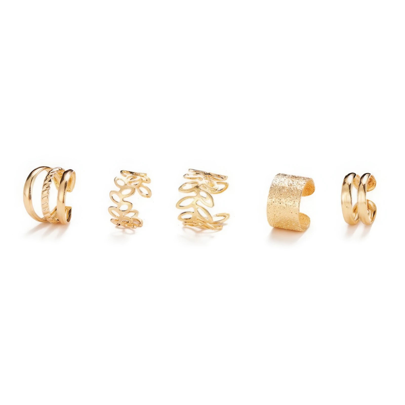 Set of sweet and cool gold C - shaped ear cuffs, isolated on white background