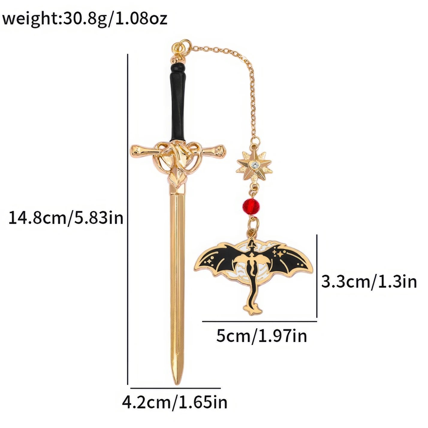 Single sword - dragon bookmark with size and weight specs, isolated on white