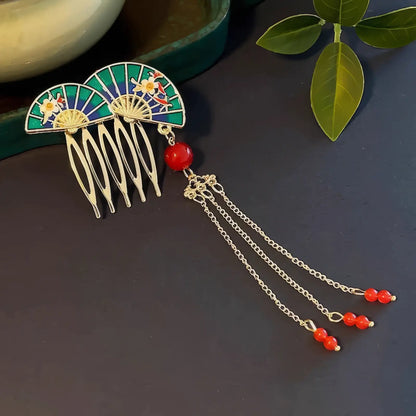 Tassel buya four - teeth comb with fan - shaped decoration and red beads
