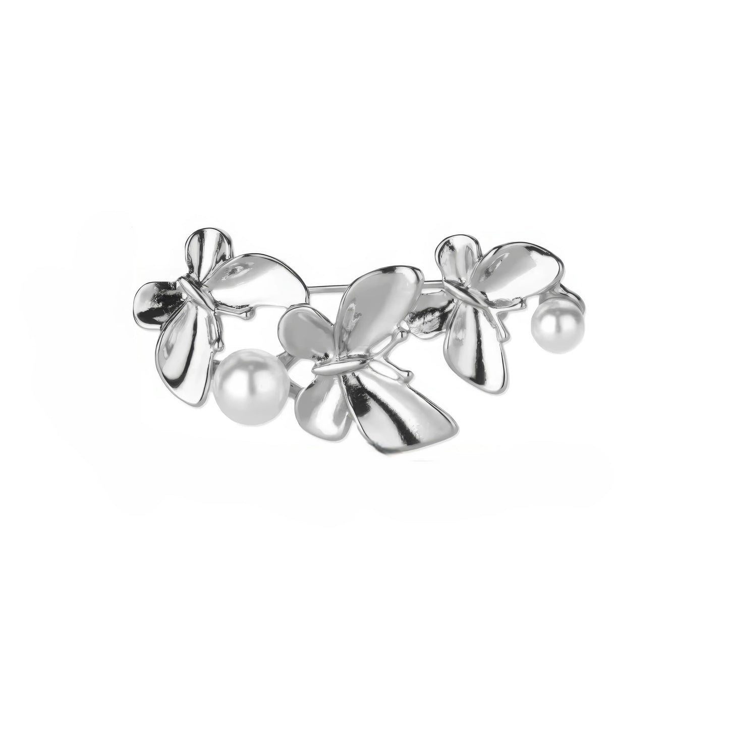 Silver three - butterfly brooch with pearls, isolated on white background, clear details