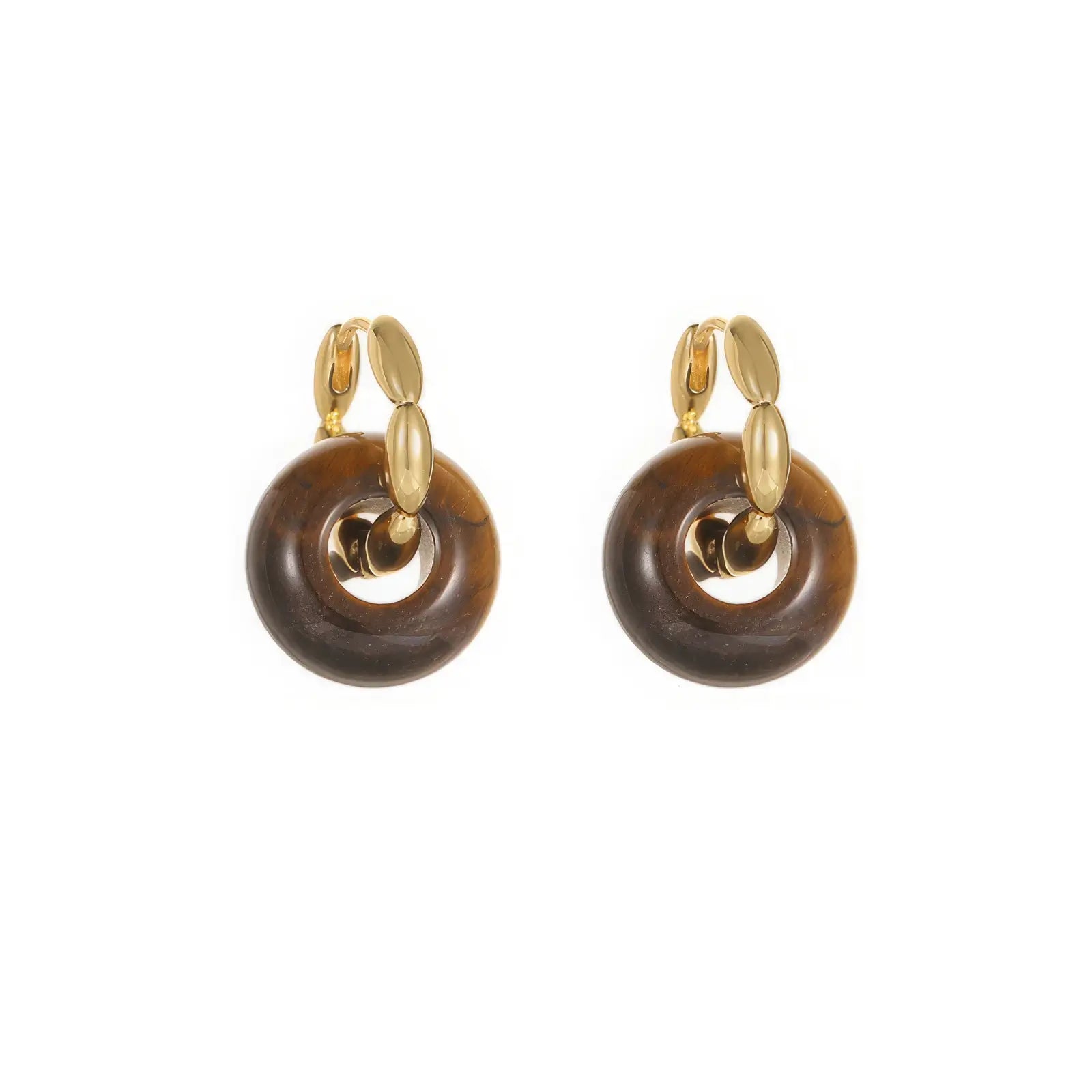 Tiger eye stone hoop earrings, gold - tone, isolated on white background