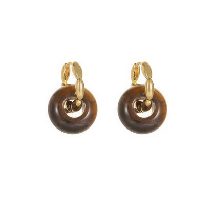 Tiger eye stone hoop earrings, gold - tone, isolated on white background