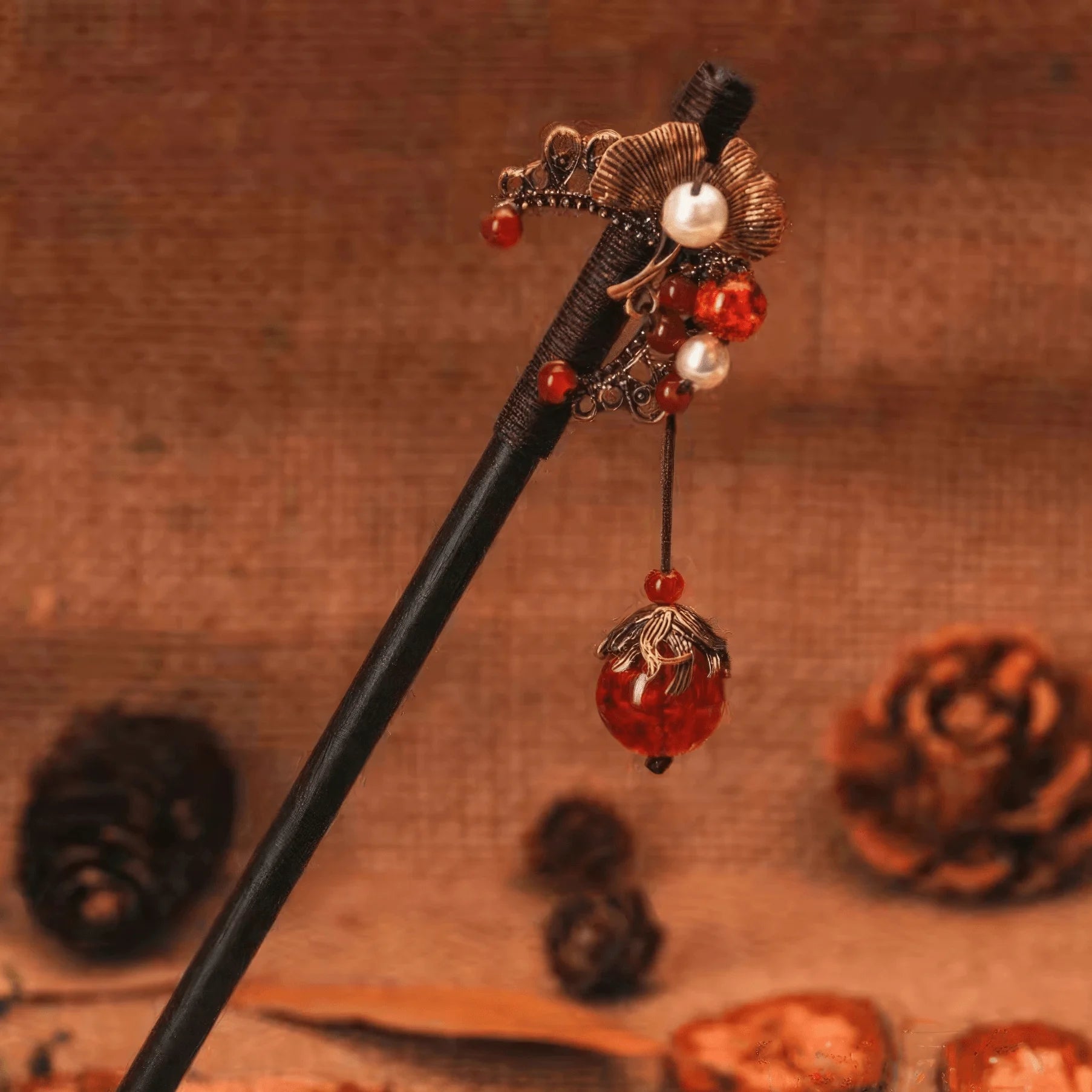 Tingyue hairpin "Fengtai" (SF22 - 15), complex bead and tassel design, burlap background