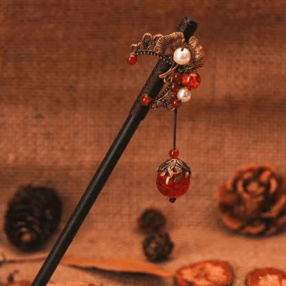 Tingyue hairpin "Fengtai" (SF22 - 15), complex bead and tassel design, burlap background