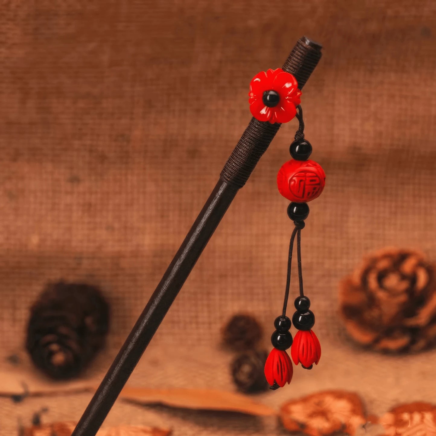 Tingyue hairpin "Fuhua" (SF22 - 10), red flower and bead tassel, burlap background