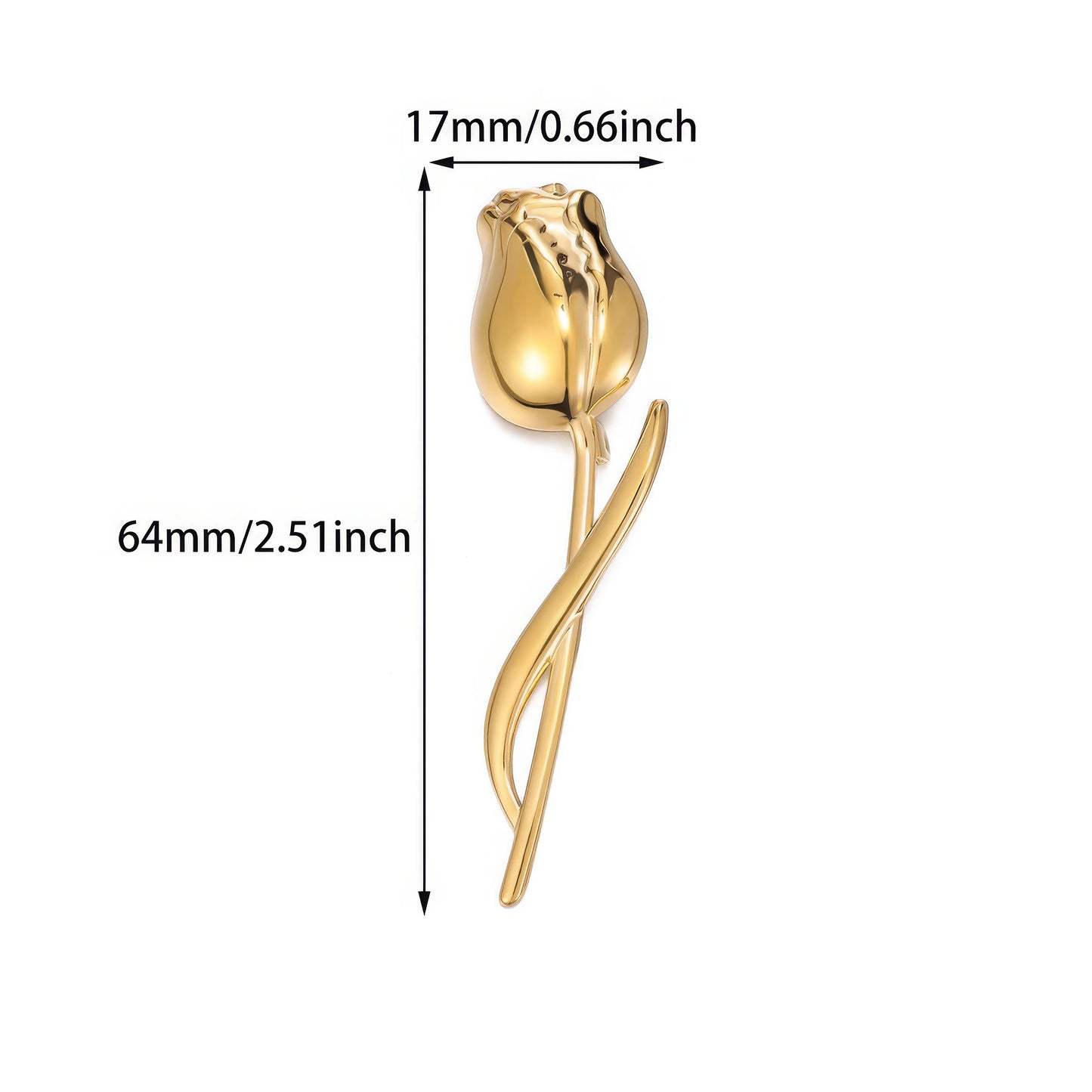 Gold tulip brooch with size specifications (17mm x 64mm), isolated on white background