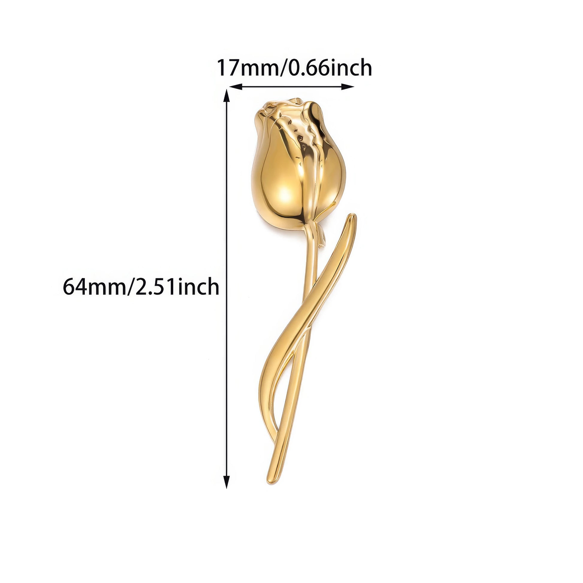 Gold tulip brooch with size specifications (17mm x 64mm), isolated on white background