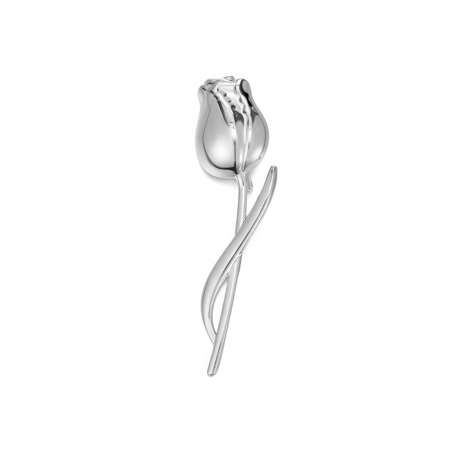 Silver tulip brooch, isolated on white background, clear details
